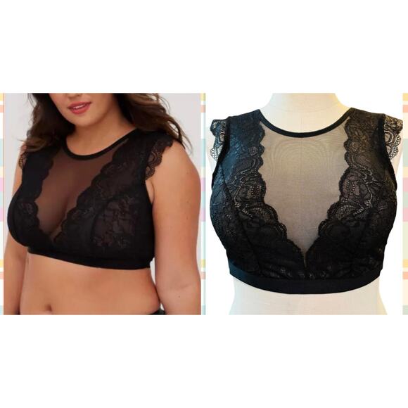 Torrid 2 (2X 18/20) Sexy Black Mesh & Lace Sheer High Neck Wireless Bralette Bra - Picture 1 of 4